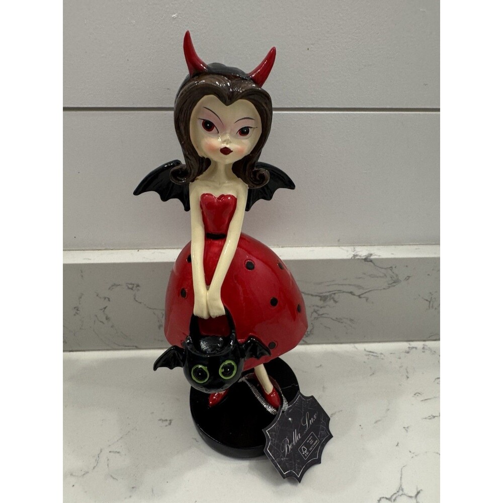 Halloween Bella Lux Devil Bat Girl Figurine Red Polka Dot Dress Horns
